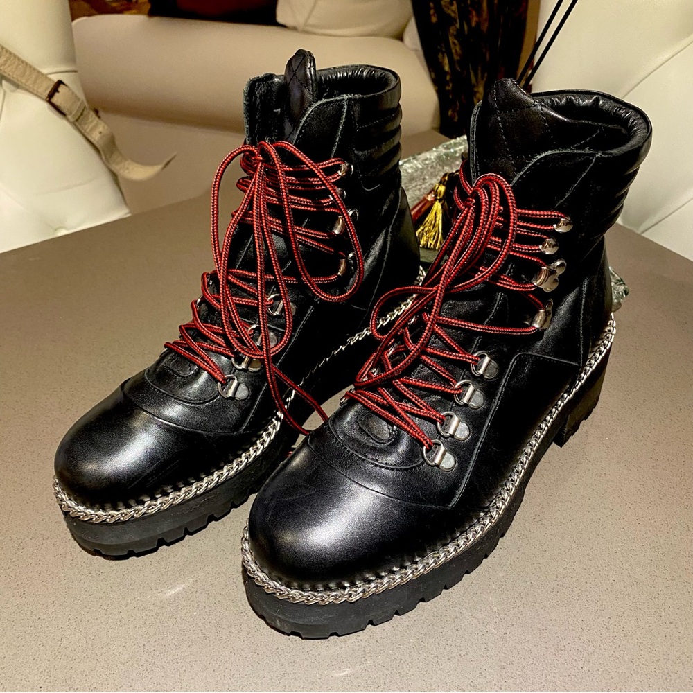 The Kooples Black Leather Combat Boots with Burgundy Laces & Cool Trims ❤️
